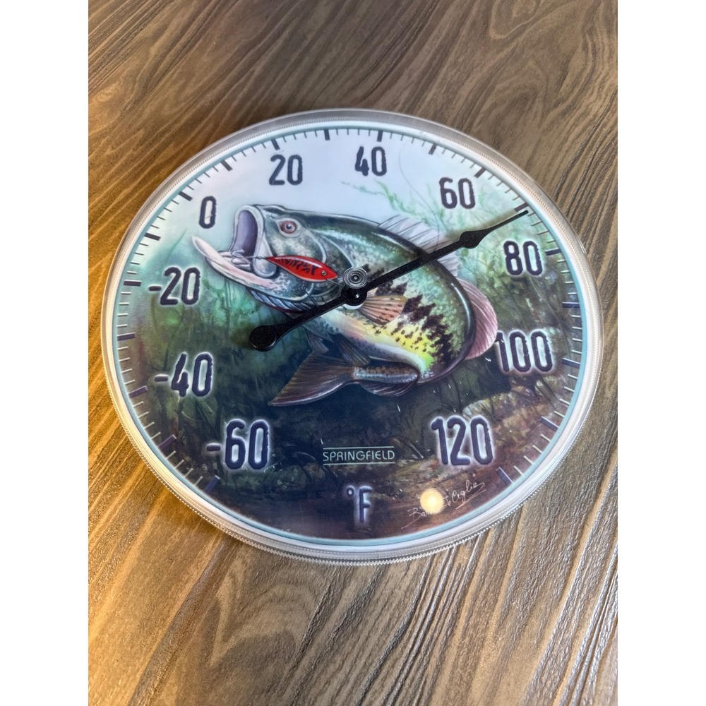 Vintage Springfield Bass Thermometer 12in Green Fishing Cabin Decor Bart DeCelie
